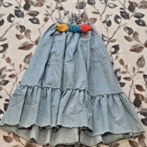 Chambray Tassel Babydoll Dress – Boho Tiered Mini | Size XS